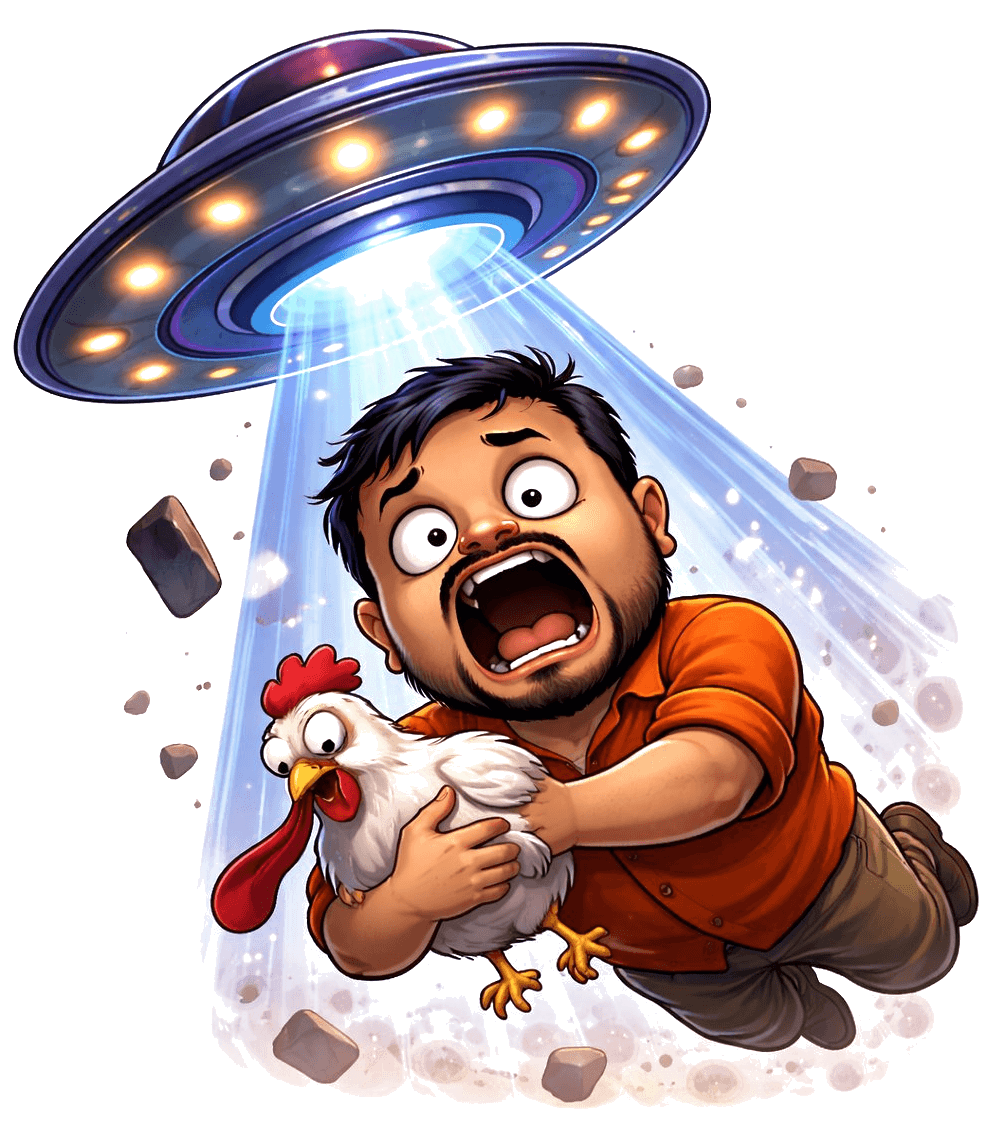 Cartoon illustration of Muntaha being pulled up by a UFO tractor beam holding a chicken